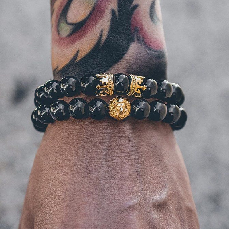 Black Onyx Stone Lion Head Beaded Bracelet