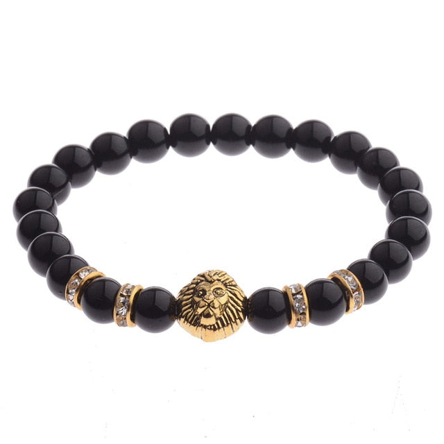 Black Onyx Stone Lion Head Beaded Bracelet