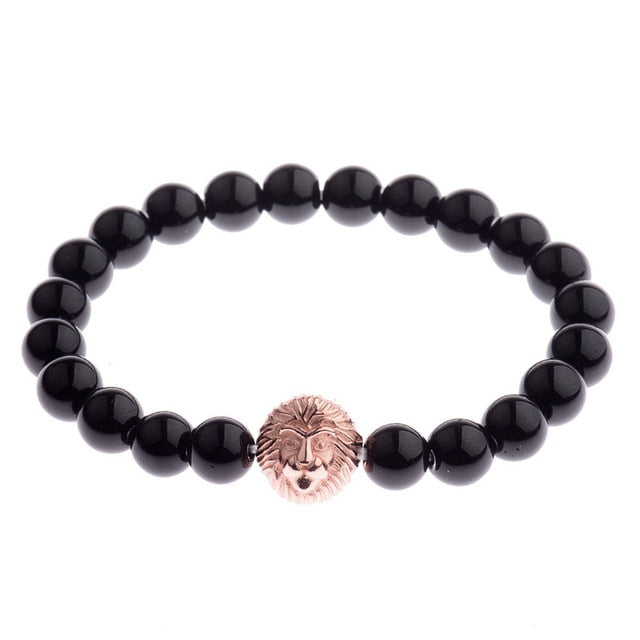 Black Onyx Stone Lion Head Beaded Bracelet