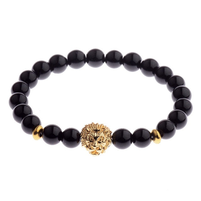 Black Onyx Stone Lion Head Beaded Bracelet