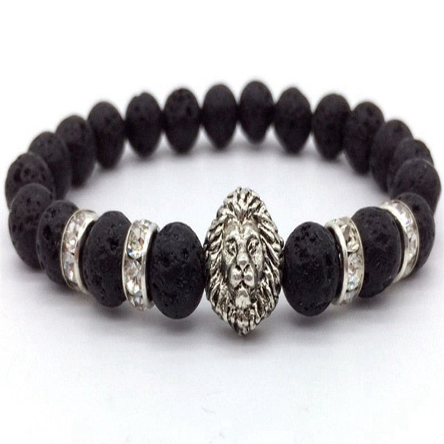 Black Onyx Stone Lion Head Beaded Bracelet